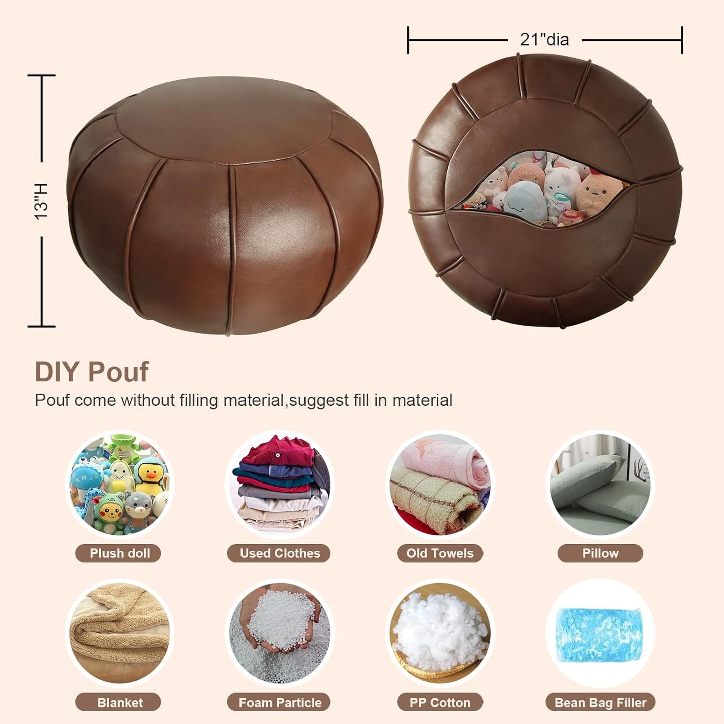 Pouf Ottoman Cover, Pouf Ottoman Foot Rest, Unstuffed Round Faux Leather Moroccan Decor, Storage Solution Footstool, Pouffe Seat for Balcony 21dia Yellow Brown, Poufs for Lving Room Gifts for Women