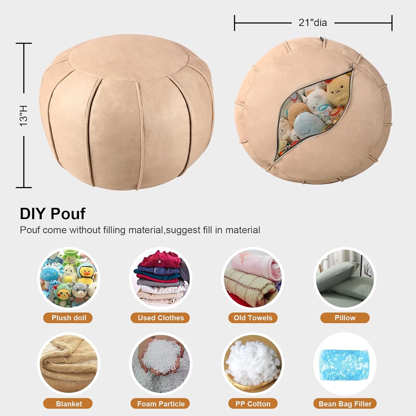 Pouf Ottoman Cover, Pouf Ottoman Foot Rest, Unstuffed Round Faux Leather Moroccan Decor, Storage Solution Footstool, Pouffe Seat for Balcony 21dia Yellow Brown, Poufs for Lving Room Gifts for Women