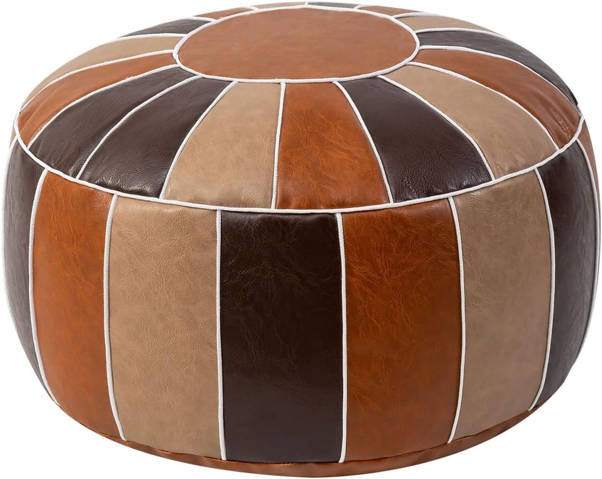 Vannaey Pouf Ottoman Foot Stool, Unstuffed Handmade Round Ottoman, PU Leather Pouf Cover Footstool Footrest Floor Cushion with Storage Moroccan Poufs for Living Room, Bedroom (No Stuffing)