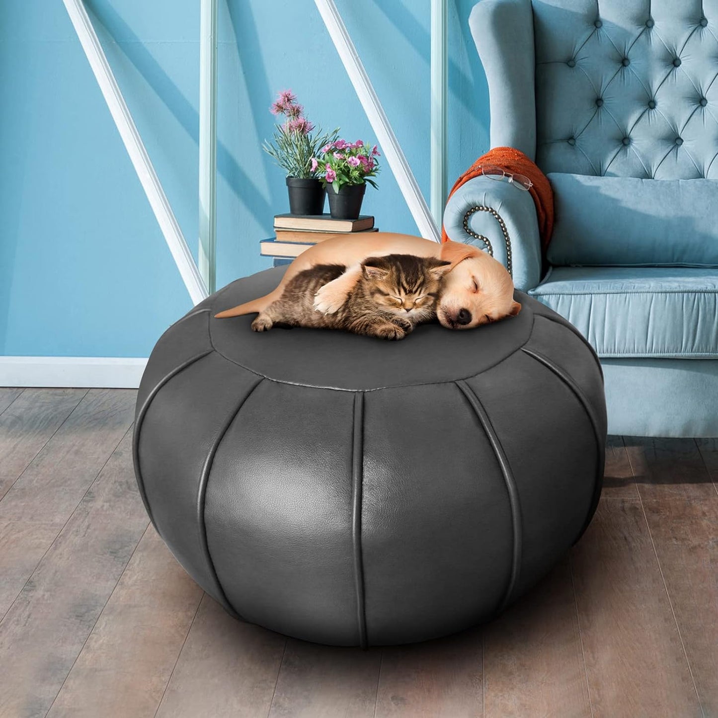 Pouf Ottoman Cover, Pouf Ottoman Foot Rest, Unstuffed Round Faux Leather Moroccan Decor, Storage Solution Footstool, Pouffe Seat for Balcony 21dia Yellow Brown, Poufs for Lving Room Gifts for Women