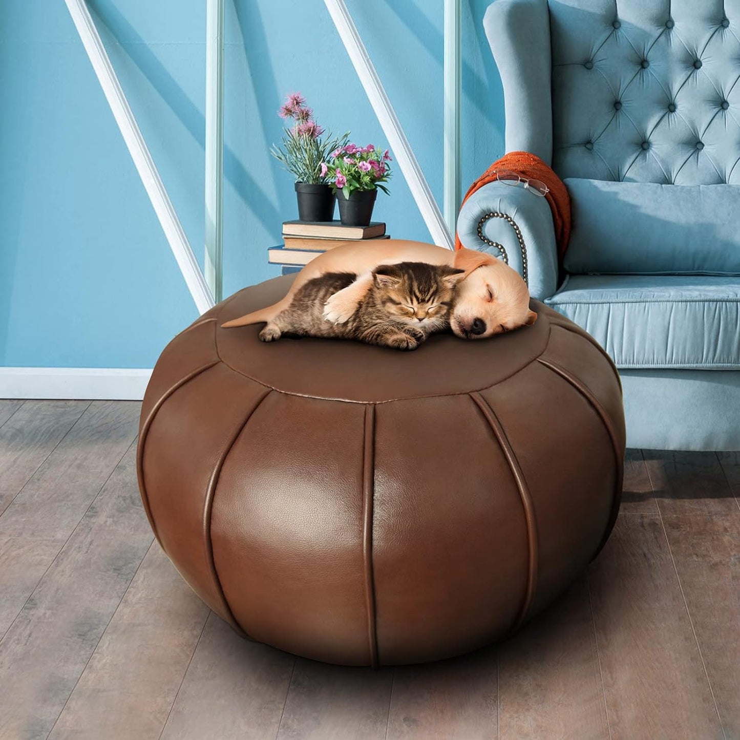 Pouf Ottoman Cover, Pouf Ottoman Foot Rest, Unstuffed Round Faux Leather Moroccan Decor, Storage Solution Footstool, Pouffe Seat for Balcony 21dia Yellow Brown, Poufs for Lving Room Gifts for Women