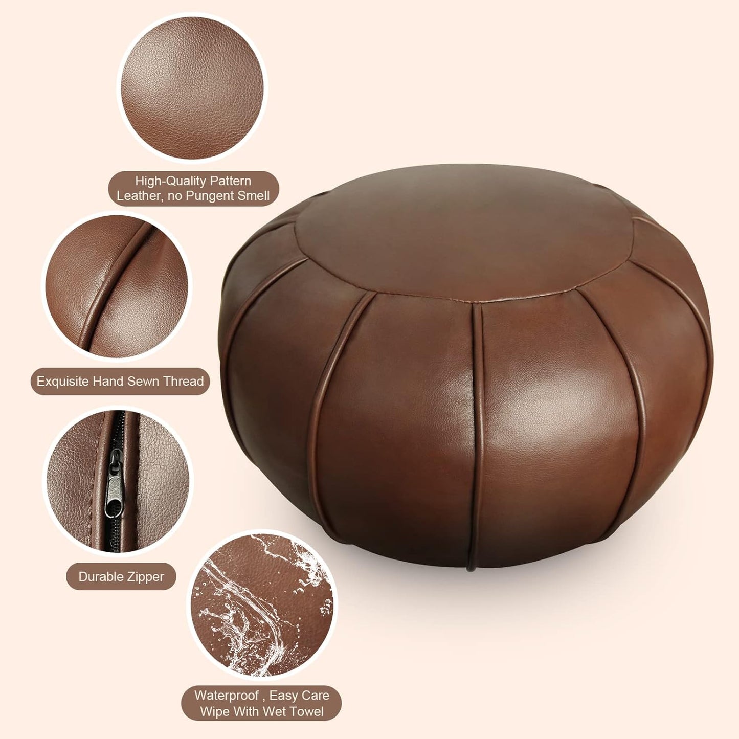 Pouf Ottoman Cover, Pouf Ottoman Foot Rest, Unstuffed Round Faux Leather Moroccan Decor, Storage Solution Footstool, Pouffe Seat for Balcony 21dia Yellow Brown, Poufs for Lving Room Gifts for Women