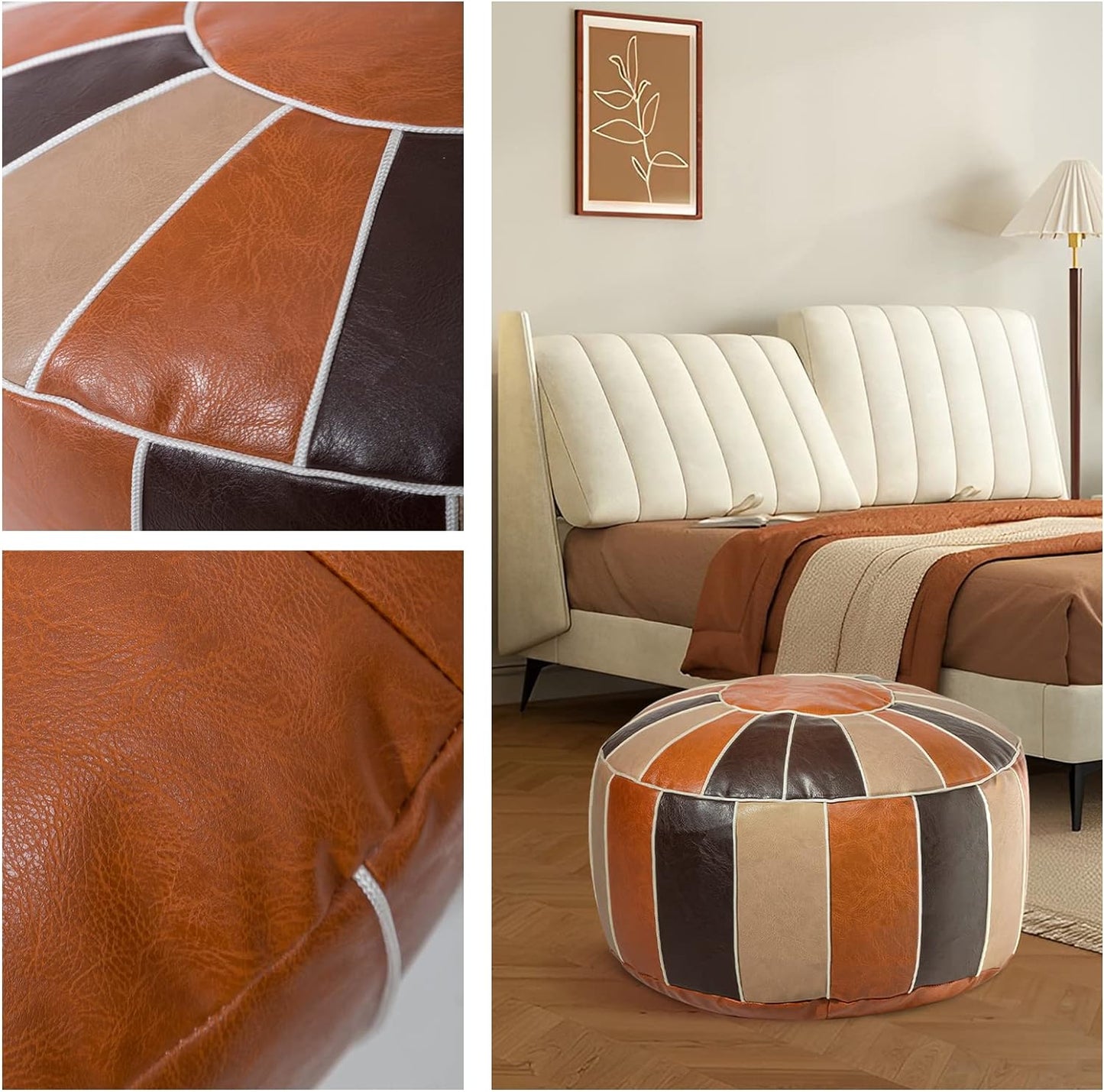 Vannaey Pouf Ottoman Foot Stool, Unstuffed Handmade Round Ottoman, PU Leather Pouf Cover Footstool Footrest Floor Cushion with Storage Moroccan Poufs for Living Room, Bedroom (No Stuffing)