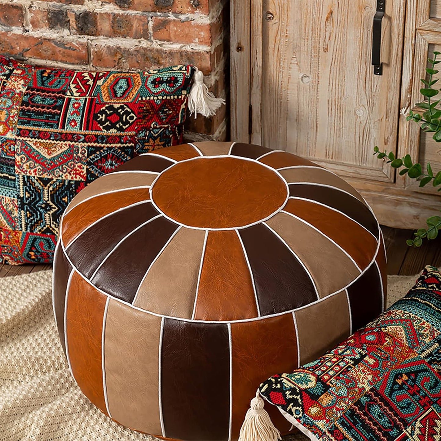 Vannaey Pouf Ottoman Foot Stool, Unstuffed Handmade Round Ottoman, PU Leather Pouf Cover Footstool Footrest Floor Cushion with Storage Moroccan Poufs for Living Room, Bedroom (No Stuffing)