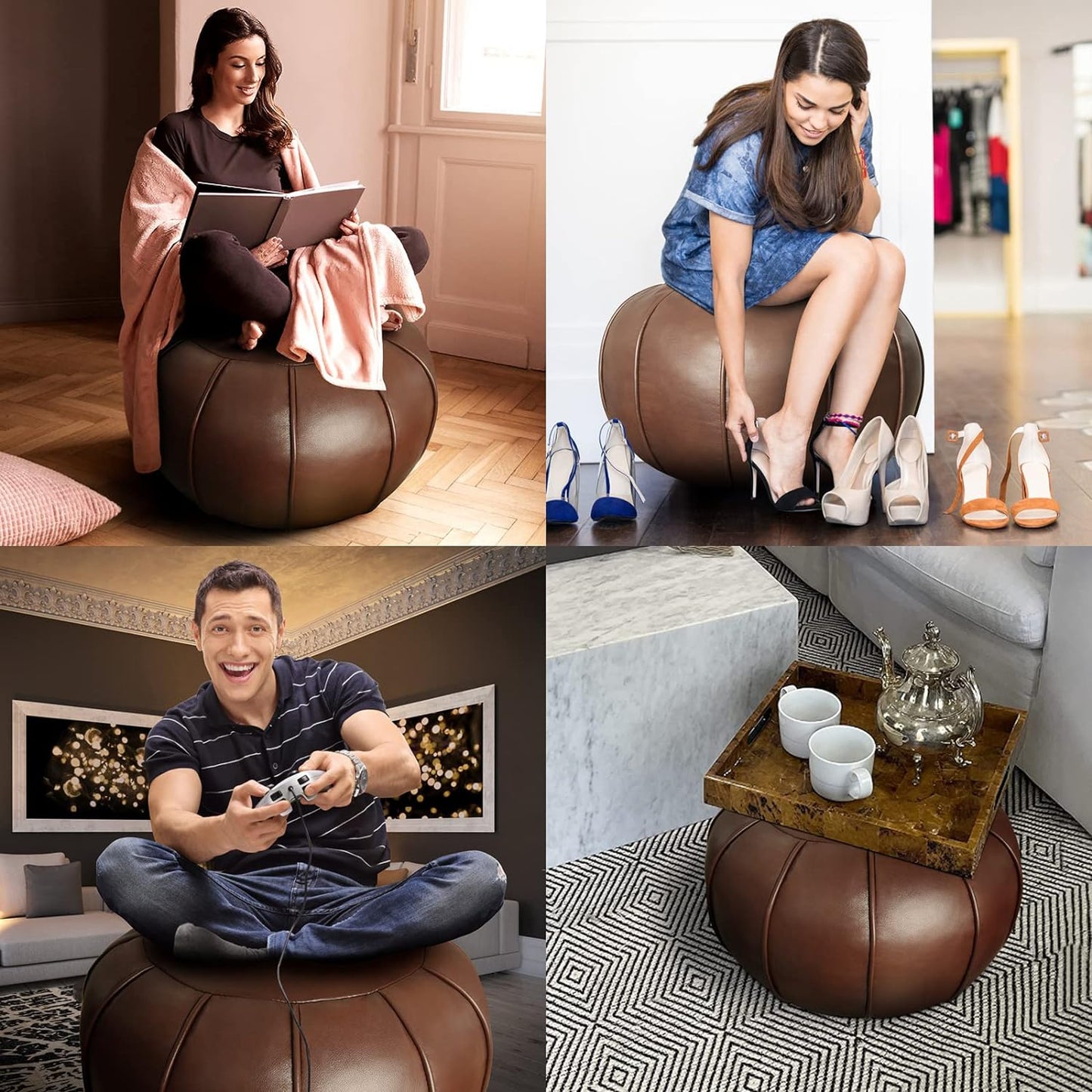 Pouf Ottoman Cover, Pouf Ottoman Foot Rest, Unstuffed Round Faux Leather Moroccan Decor, Storage Solution Footstool, Pouffe Seat for Balcony 21dia Yellow Brown, Poufs for Lving Room Gifts for Women