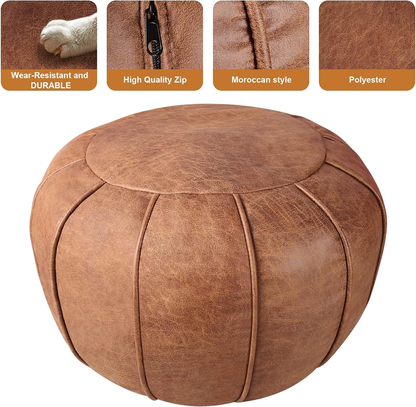 Pouf Ottoman Cover, Pouf Ottoman Foot Rest, Unstuffed Round Faux Leather Moroccan Decor, Storage Solution Footstool, Pouffe Seat for Balcony 21dia Yellow Brown, Poufs for Lving Room Gifts for Women