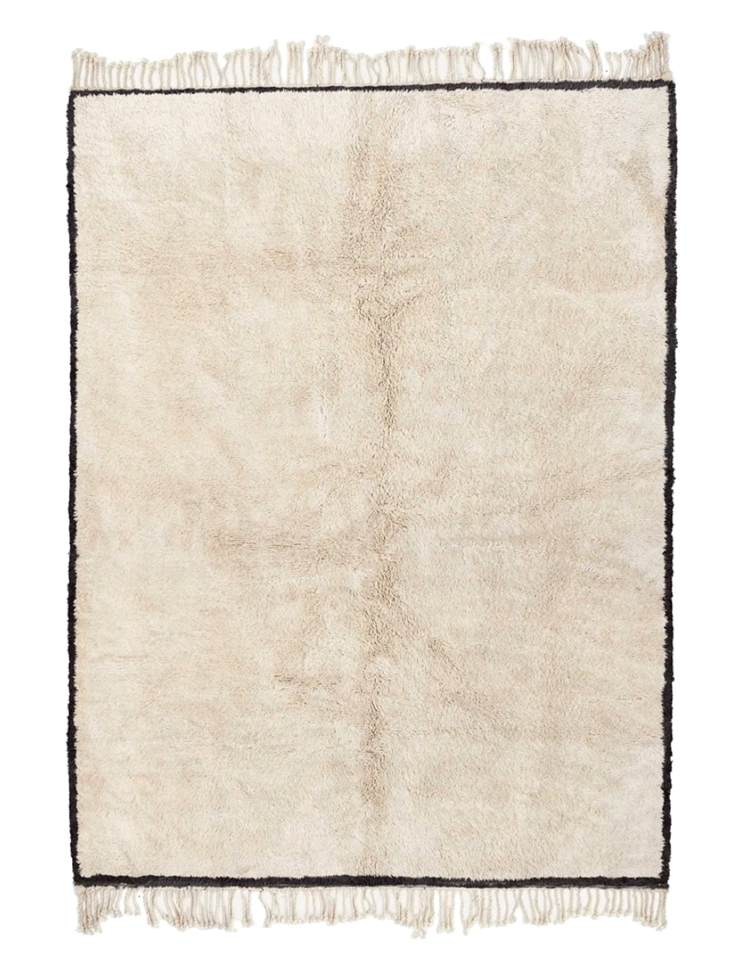 Plush cream wool rug featuring a thin black border framing the entire perimeter, a subtle vertical central seam, and knotted fringed edges on both the top and bottom, displayed on a white background.