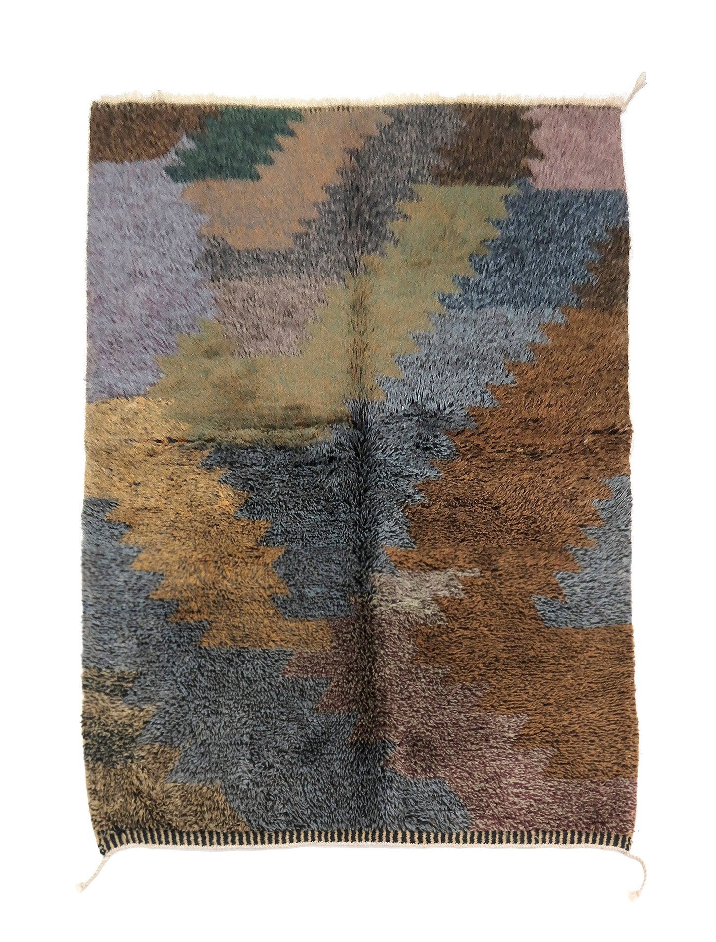 Plush hand-knotted Moroccan wool rug featuring an abstract mosaic of stepped earthy color blocks in rust, mustard yellow, slate blue, and sage green on a cream base, with a central vertical joining seam, 
