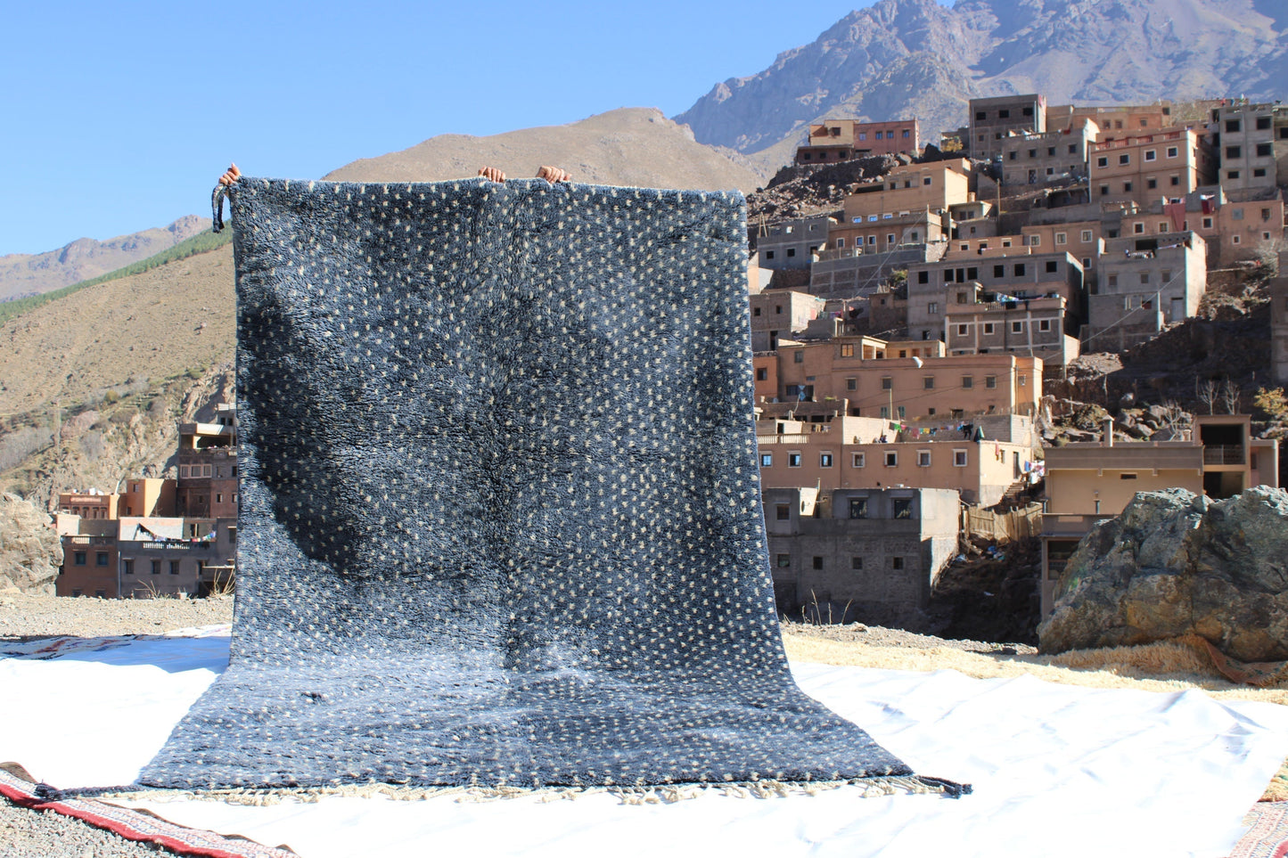 Beni Ourain rugs originate from the Atlas Mountains of Morocco and are characterized by their distinctive, neutral-toned, and geometric designs. These handwoven rugs often feature a plush pile and are made by the Berber tribes,  size is 320x190 cm