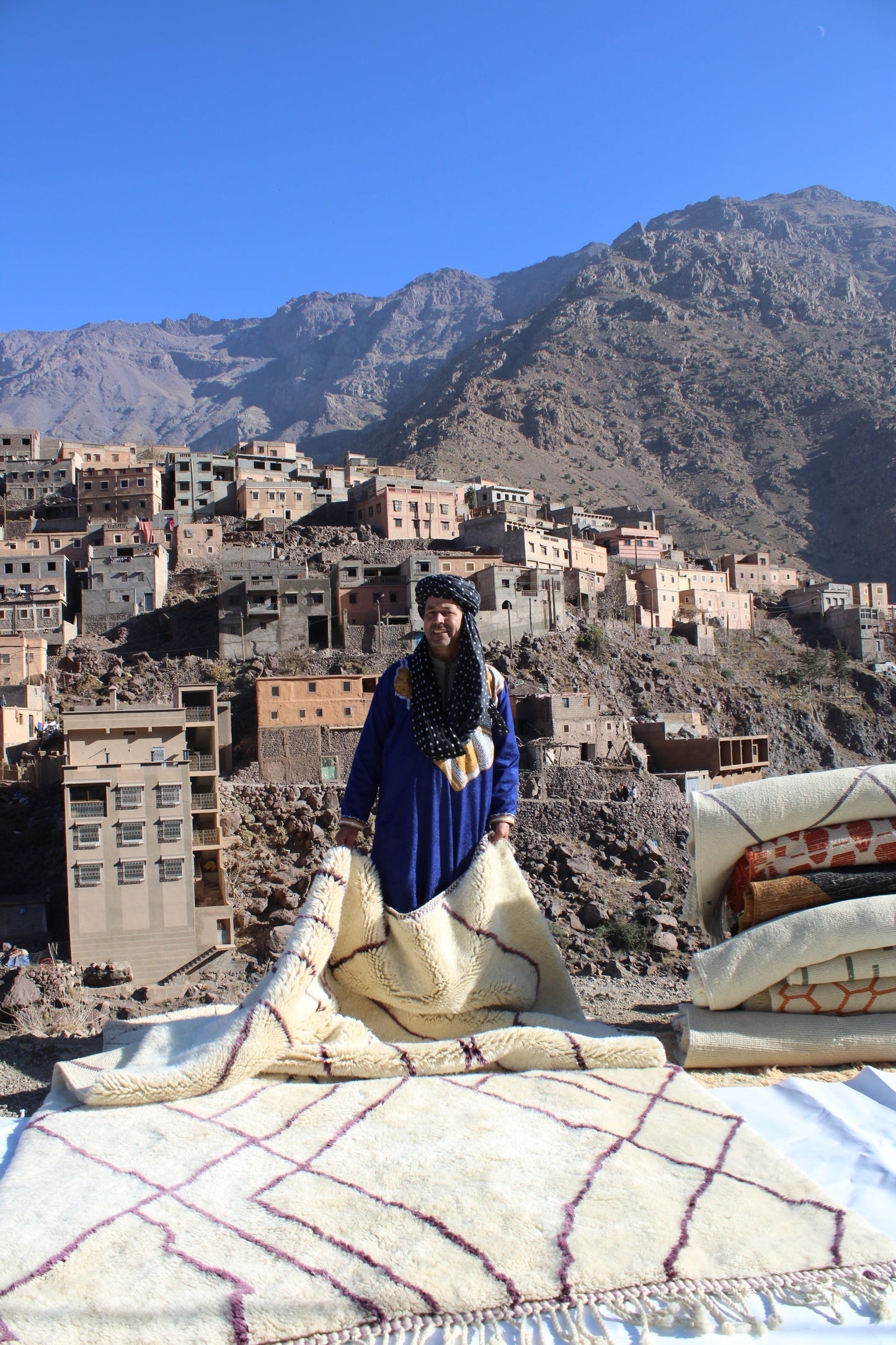 Beni Ourain rugs originate from the Atlas Mountains of Morocco and are characterized by their distinctive, neutral-toned, and geometric designs. These handwoven rugs often feature a plush pile and are made by the Berber tribes,  size is 310x210 cm