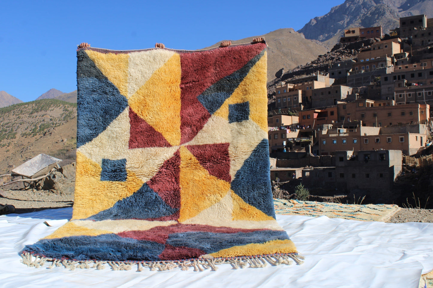 Beni Ourain rugs originate from the Atlas Mountains of Morocco and are characterized by their distinctive, neutral-toned, and geometric designs. These handwoven rugs often feature a plush pile and are made by the Berber tribes,  size is 300x180 cm