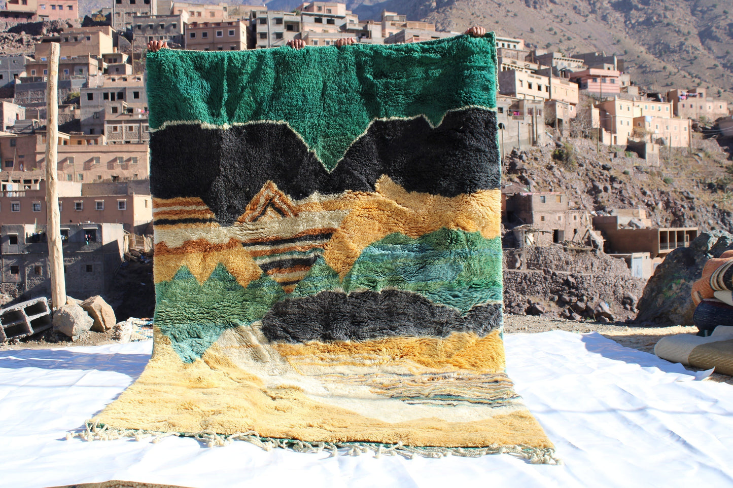 Beni Ourain rugs originate from the Atlas Mountains of Morocco and are characterized by their distinctive, neutral-toned, and geometric designs. These handwoven rugs often feature a plush pile and are made by the Berber tribes,  size is 280x177 cm