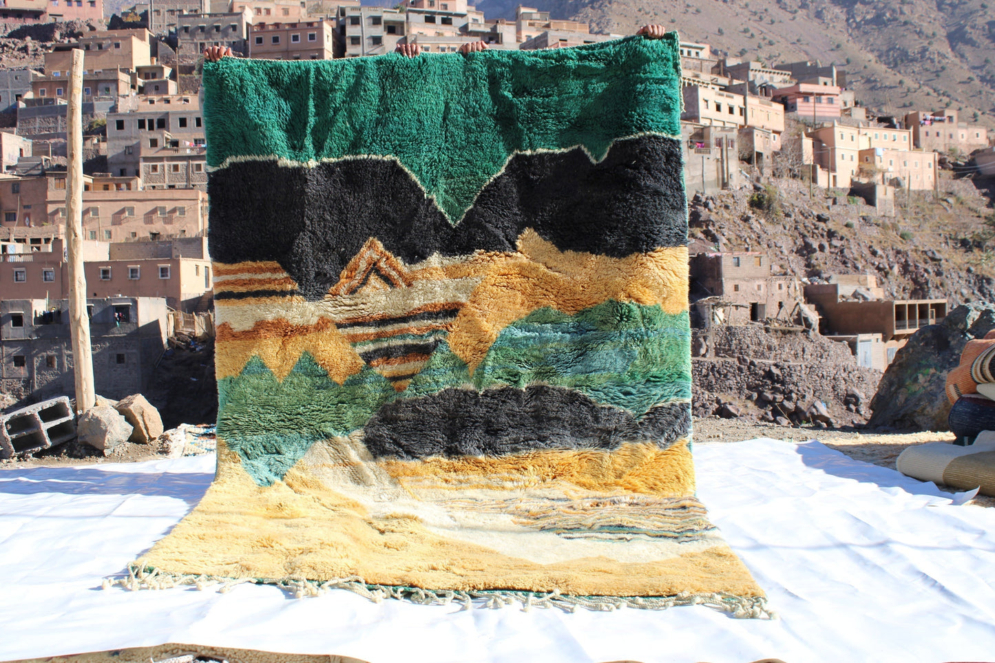 Beni Ourain rugs originate from the Atlas Mountains of Morocco and are characterized by their distinctive, neutral-toned, and geometric designs. These handwoven rugs often feature a plush pile and are made by the Berber tribes,  size is 280x177 cm