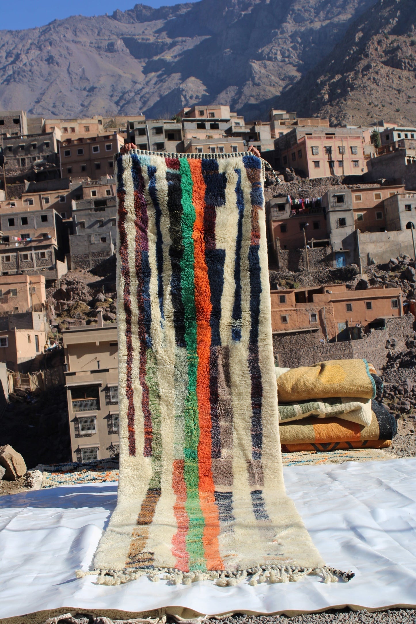 Beni Ourain rugs originate from the Atlas Mountains of Morocco and are characterized by their distinctive, neutral-toned, and geometric designs. These handwoven rugs often feature a plush pile and are made by the Berber tribes,  size is 365x92 cm