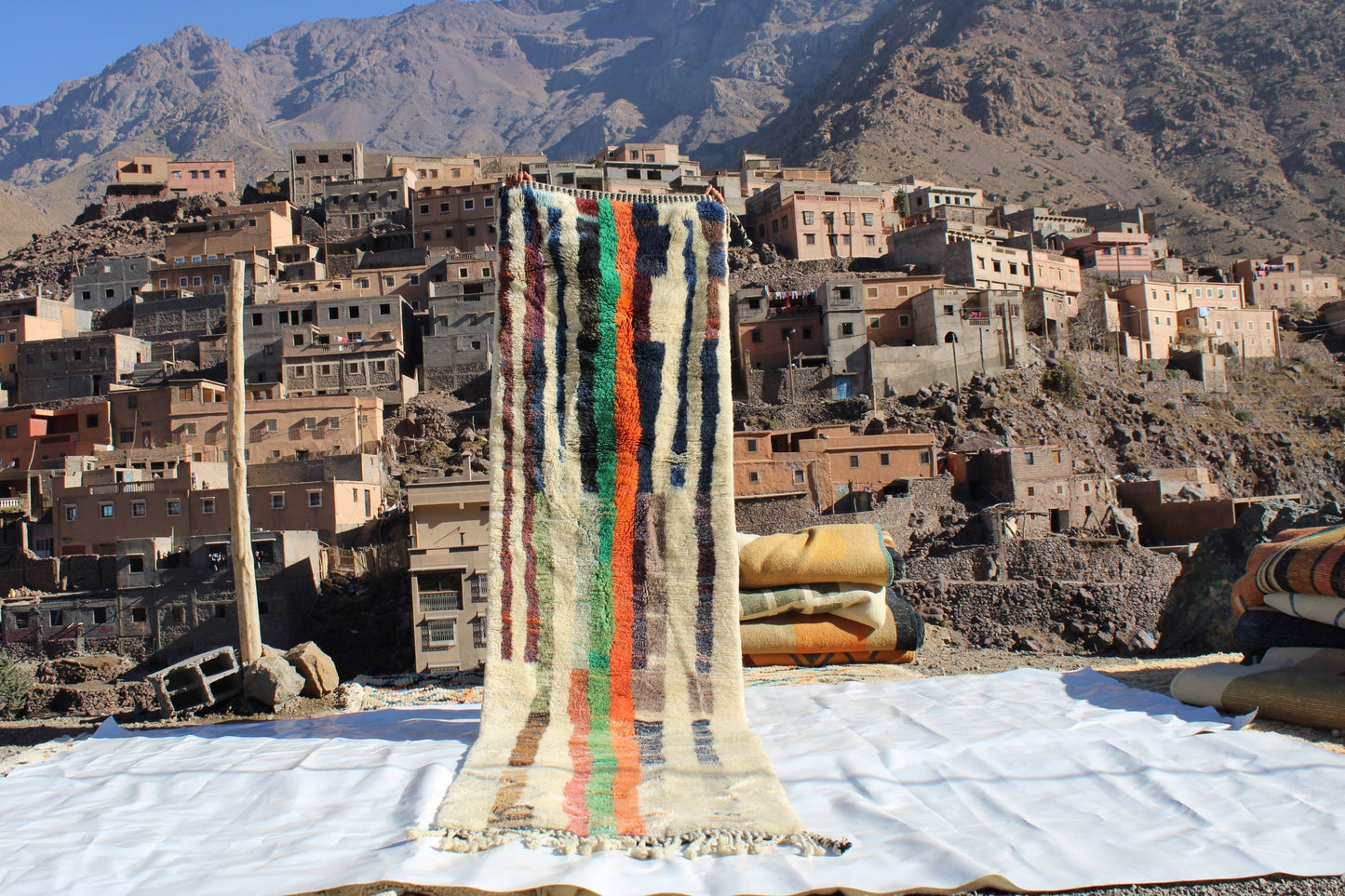 Beni Ourain rugs originate from the Atlas Mountains of Morocco and are characterized by their distinctive, neutral-toned, and geometric designs. These handwoven rugs often feature a plush pile and are made by the Berber tribes,  size is 365x92 cm