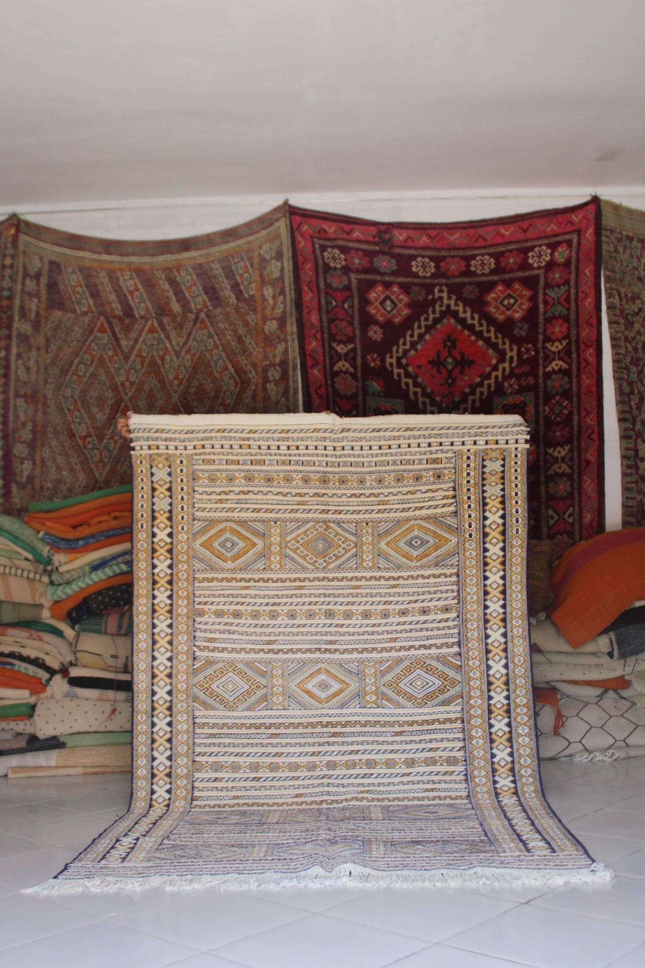 It sounds like you're interested in a Handwoven Moroccan Blue Kilim Rug with a Boho Berber Nomad design,