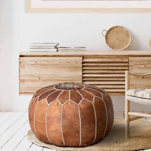 Fezcrafts Genuine Leather Moroccan Ottoman Prefilled Stuffed Moroccan Pouf Footresf Livin Room Cocktail Seats Goatskin Tribal Bohemian Home Decor (TAN) - Image 3