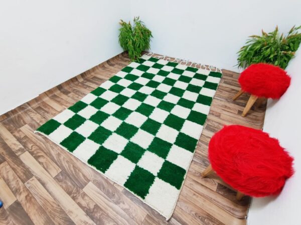 Green and White checkered rug, Moroccan Berber checkered rug, Checkered area rug, beniourain rug, checkered area rug -Soft Colored Rug
