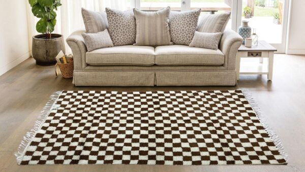 Large Brown and White checkered rug, Moroccan Berber checkered rug, beniourain rug, checkered area rug -Soft Colored Rug- Checkerboard Rug