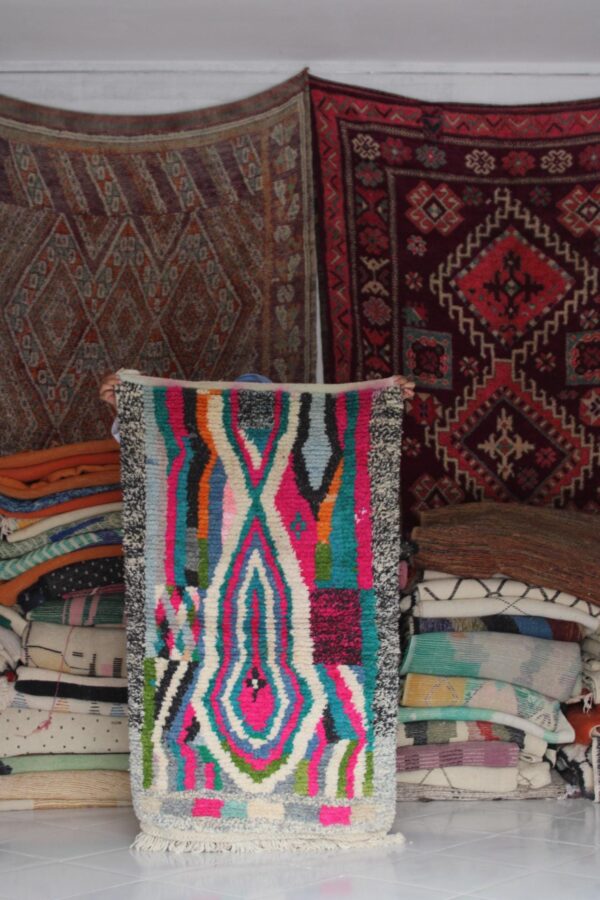 Colorful Moroccan Rug -  Boujad Rug add a touch of bohemian elegance to your space with this stunning, handmade Boujad rug. Measuring 110x60 - Image 2